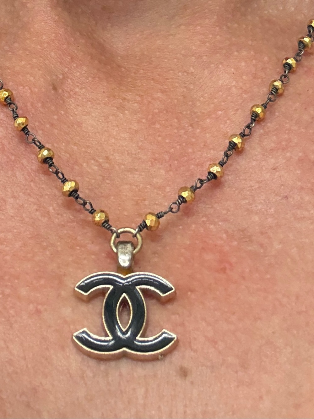 CHANEL Gold and Silver Double C Pendant Necklace. Up-cycled button.